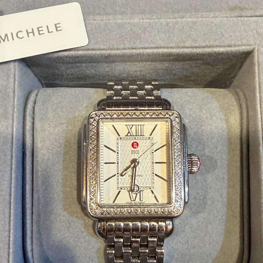 Michele Silver Deco Diamond-Accent Stainless Steel Watch